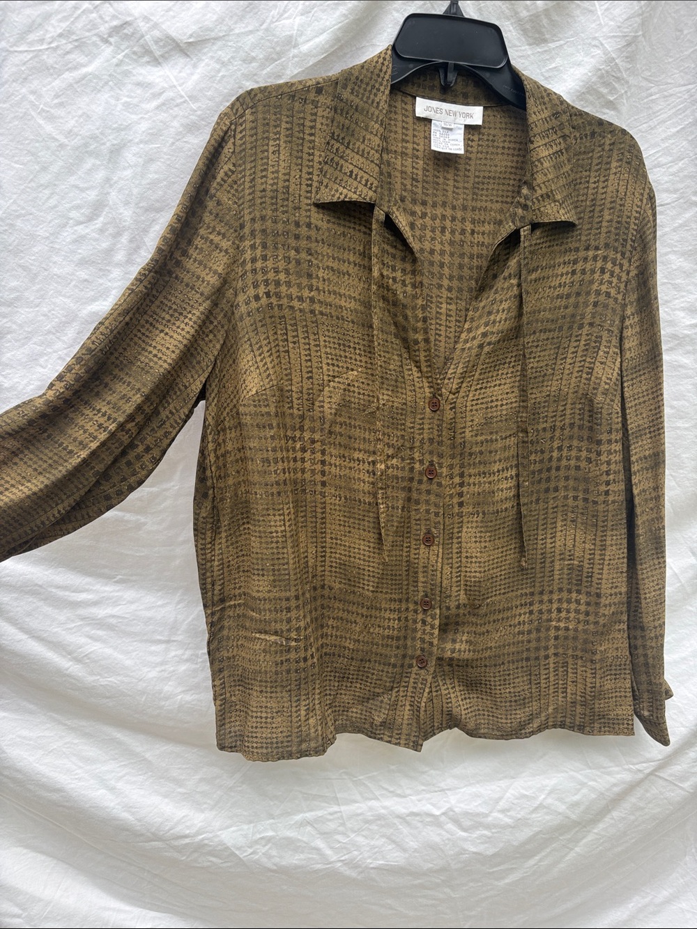 Jones New York Olive Brown Houndstooth Button-Up Blouse - Picture 5 of 11